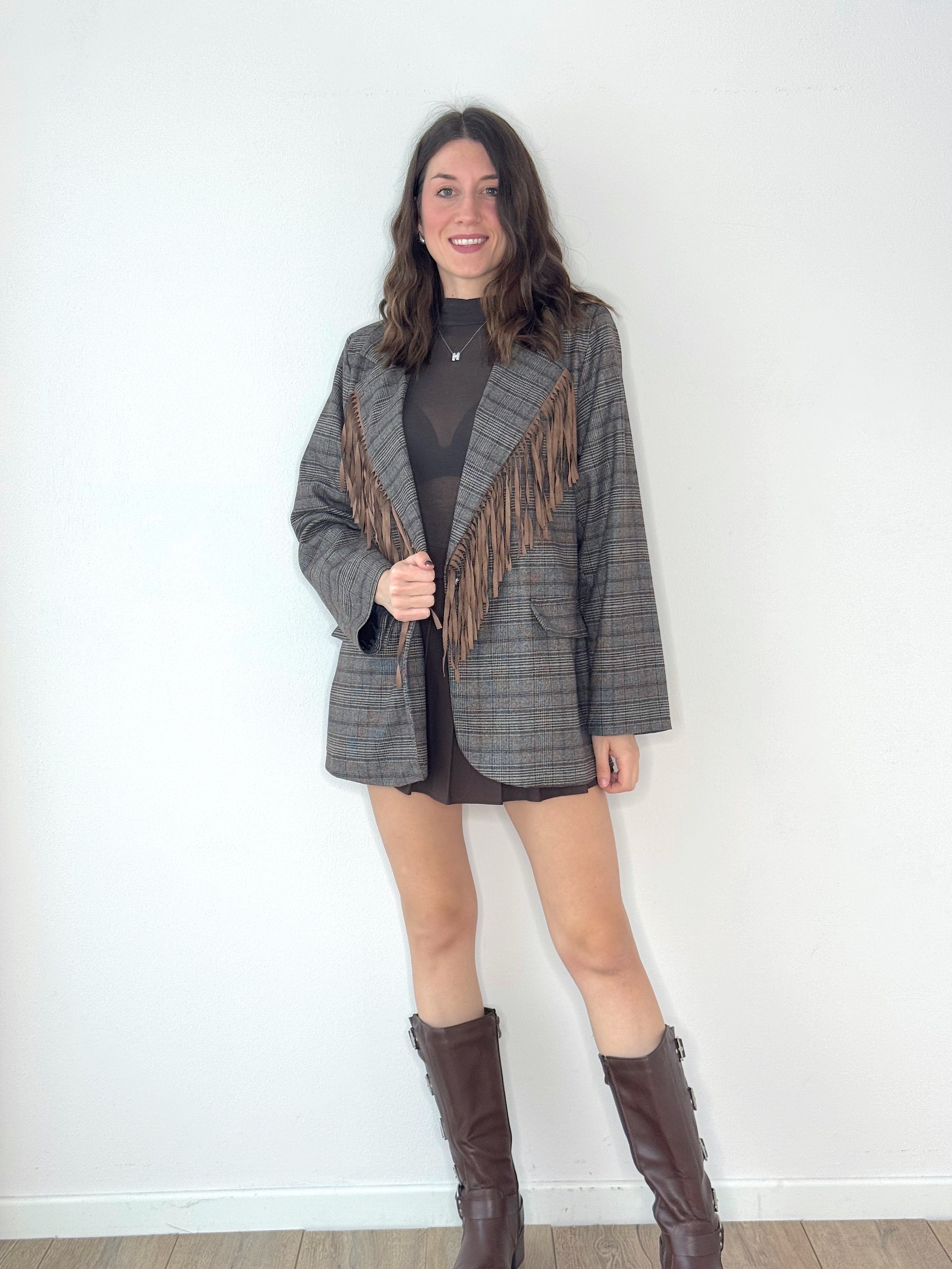 GIACCA PRINCIPE DI GALLES CON FRANGE IN ECO CAMOSCIO