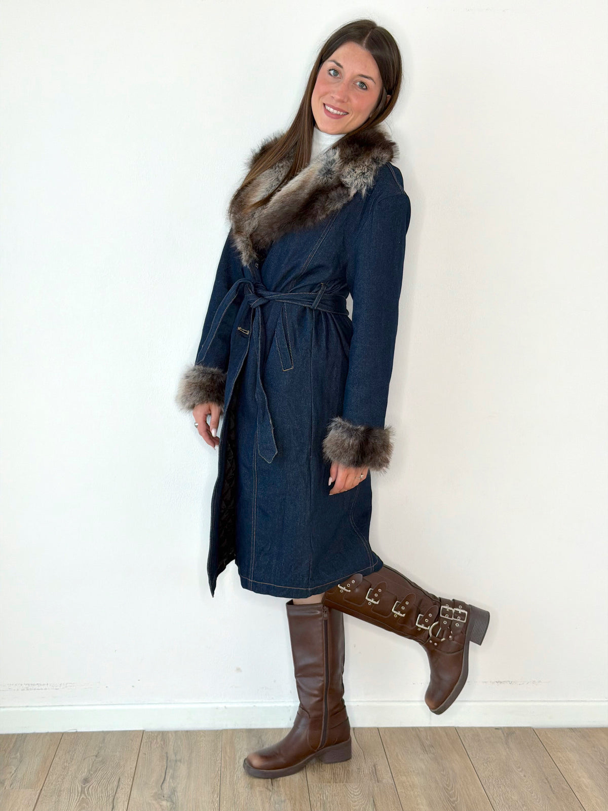 Cappotto in Denim trapuntato con dettagli in ecopelliccia