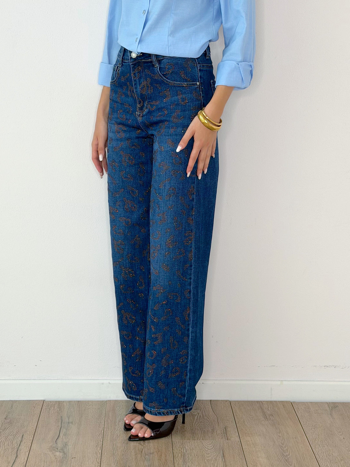 DENIM ANIMALIER STRAIGHT CON STRASS MARRONI