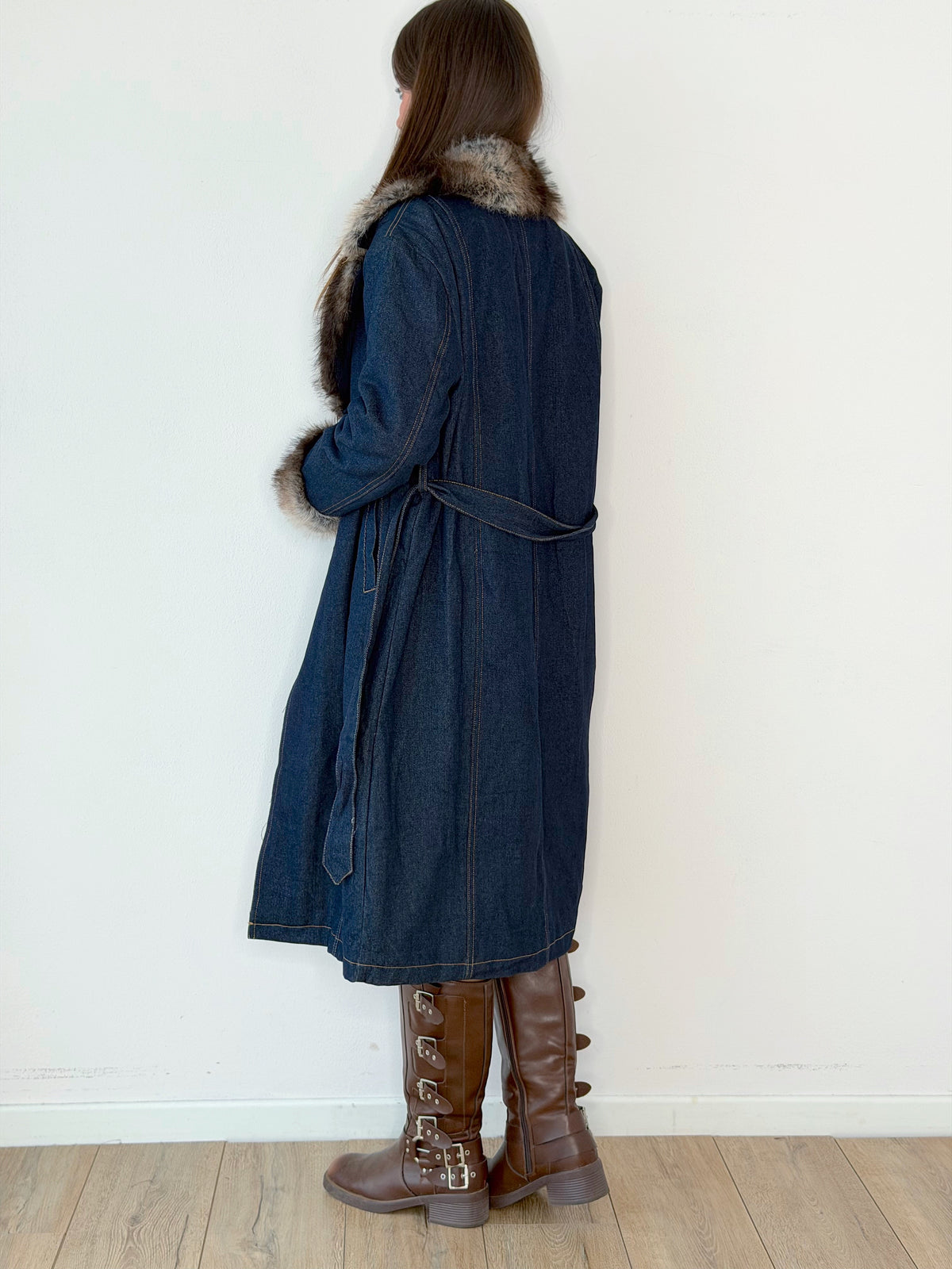 Cappotto in Denim trapuntato con dettagli in ecopelliccia