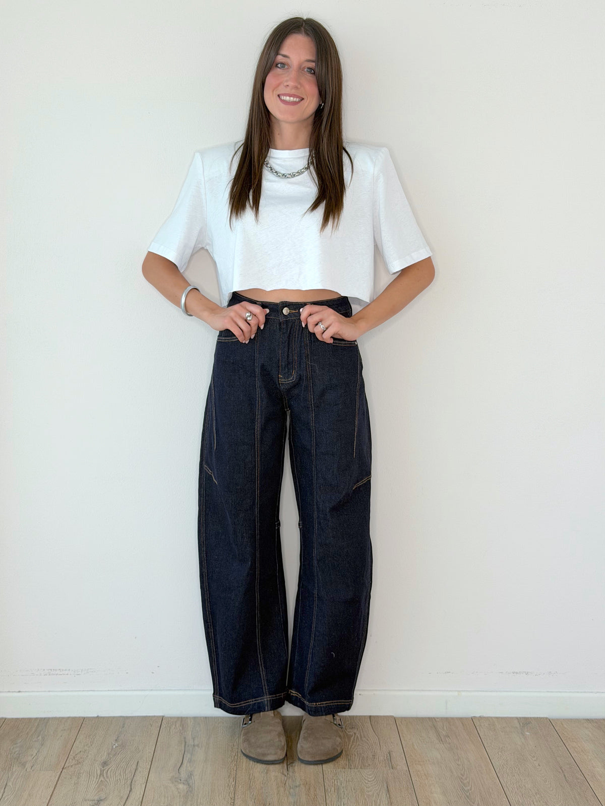 DENIM BLU BALLOON CON CUCITURE A CONTRASTO