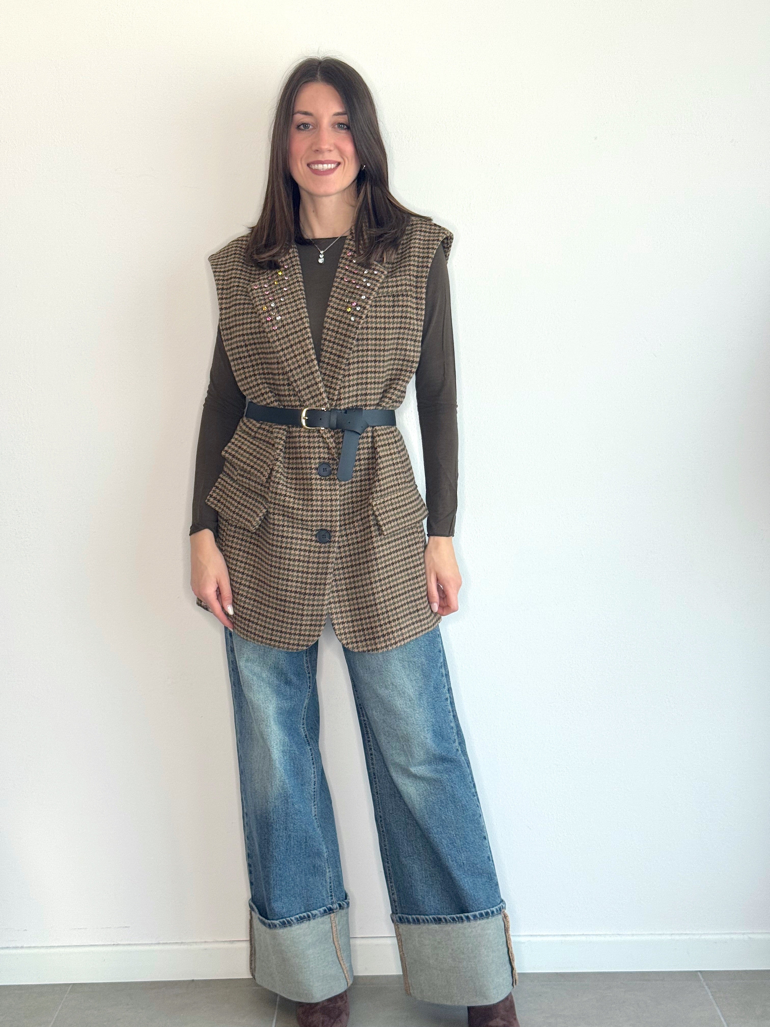 SMANICATO PIED DE POULE CON STRASS ( 15% lana )