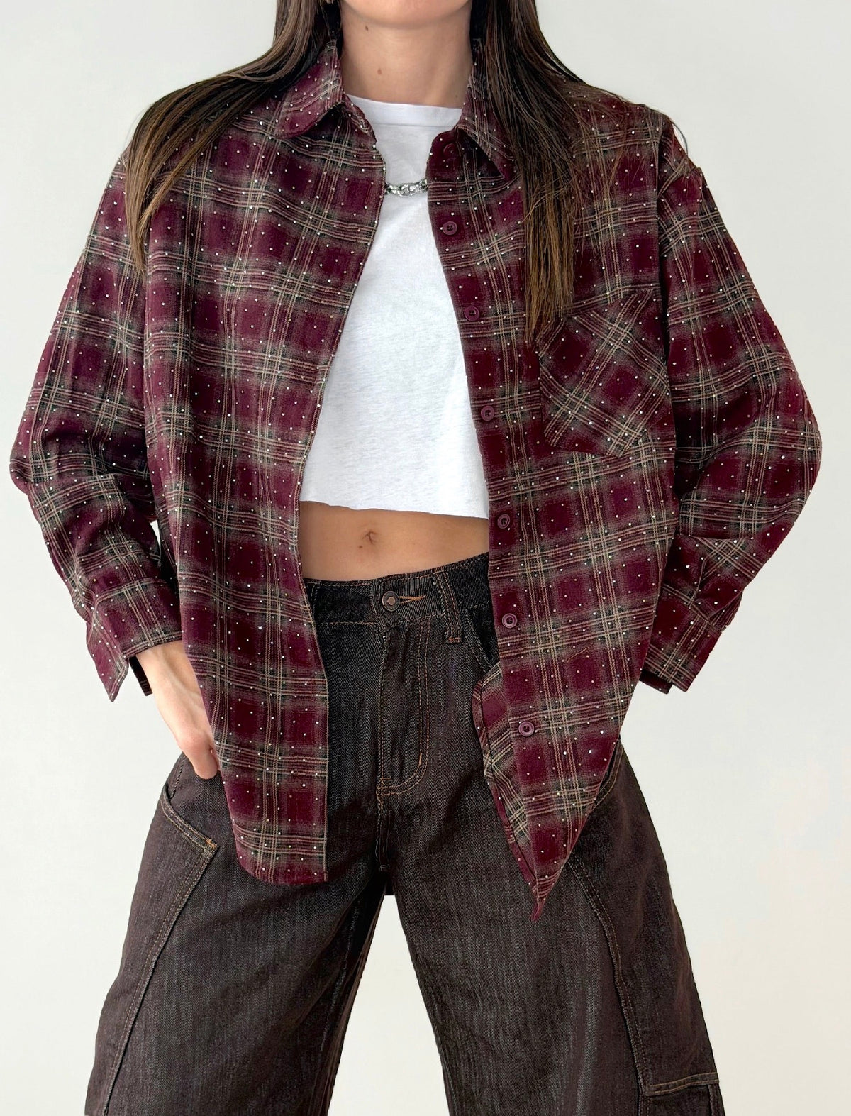 CAMICIA FLANELLA BORDEAUX CON STRASS