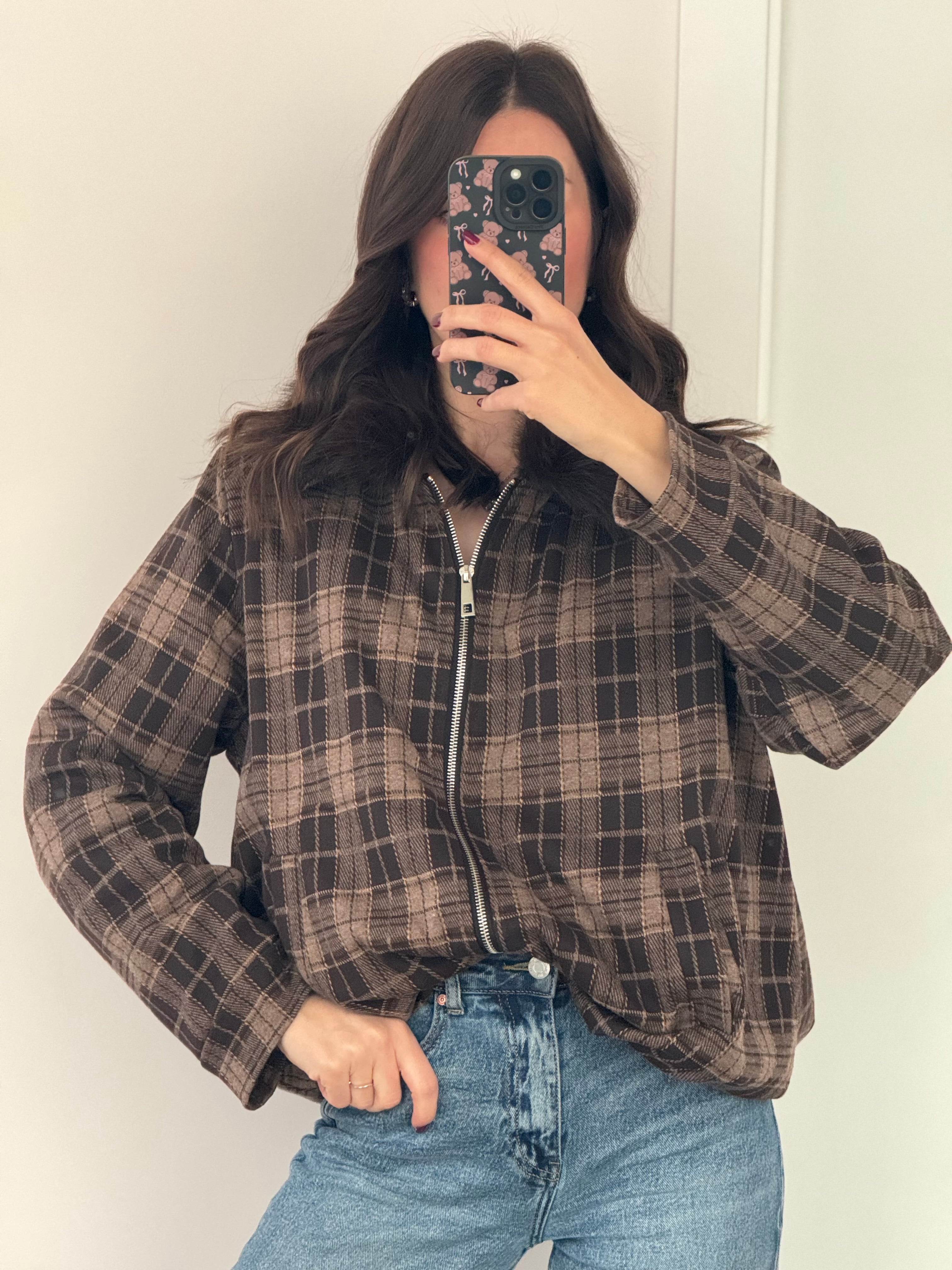 BOMBER QUADRI CON COLLETTO IN ECO PELLICCIA