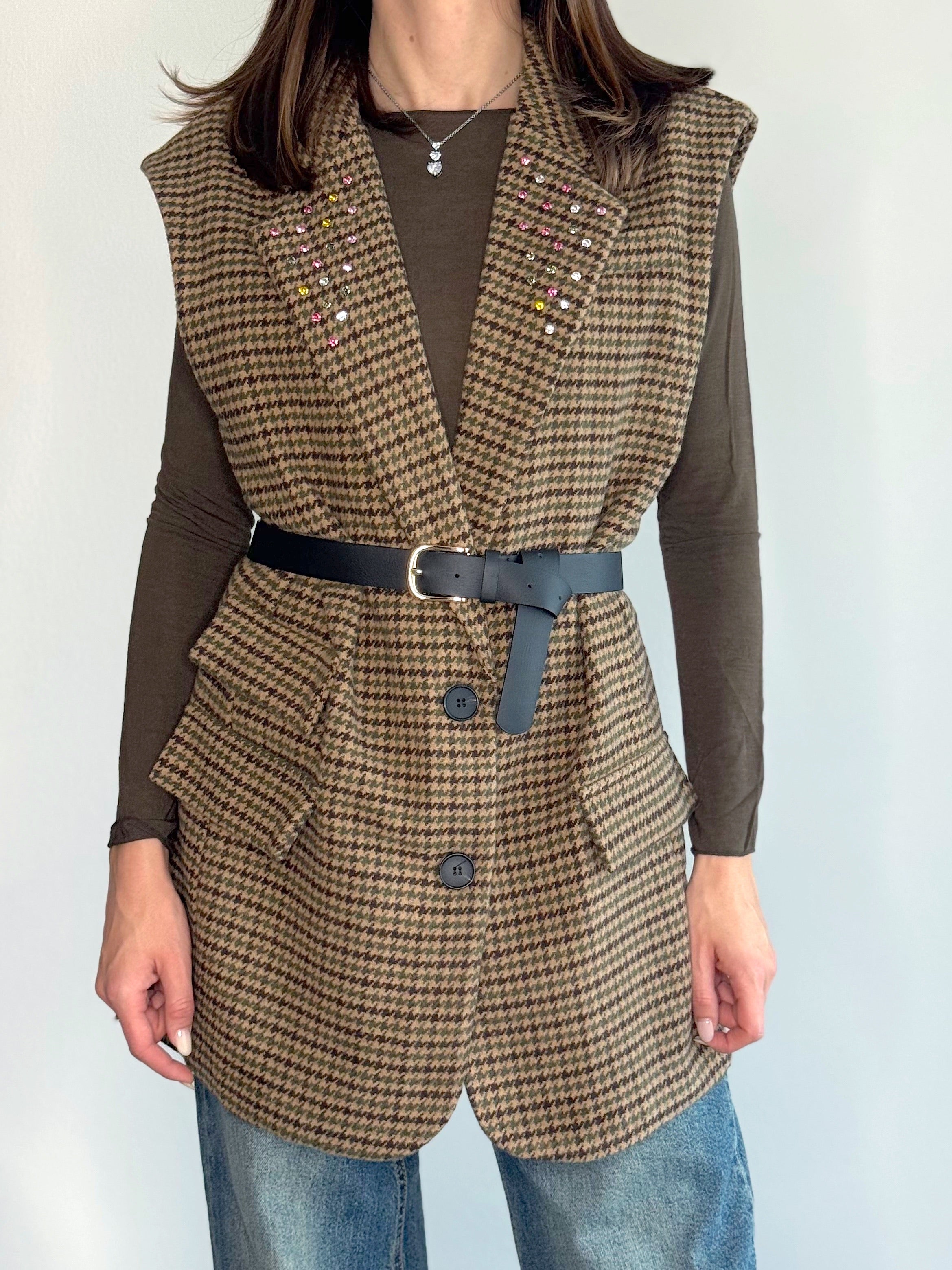 SMANICATO PIED DE POULE CON STRASS ( 15% lana )