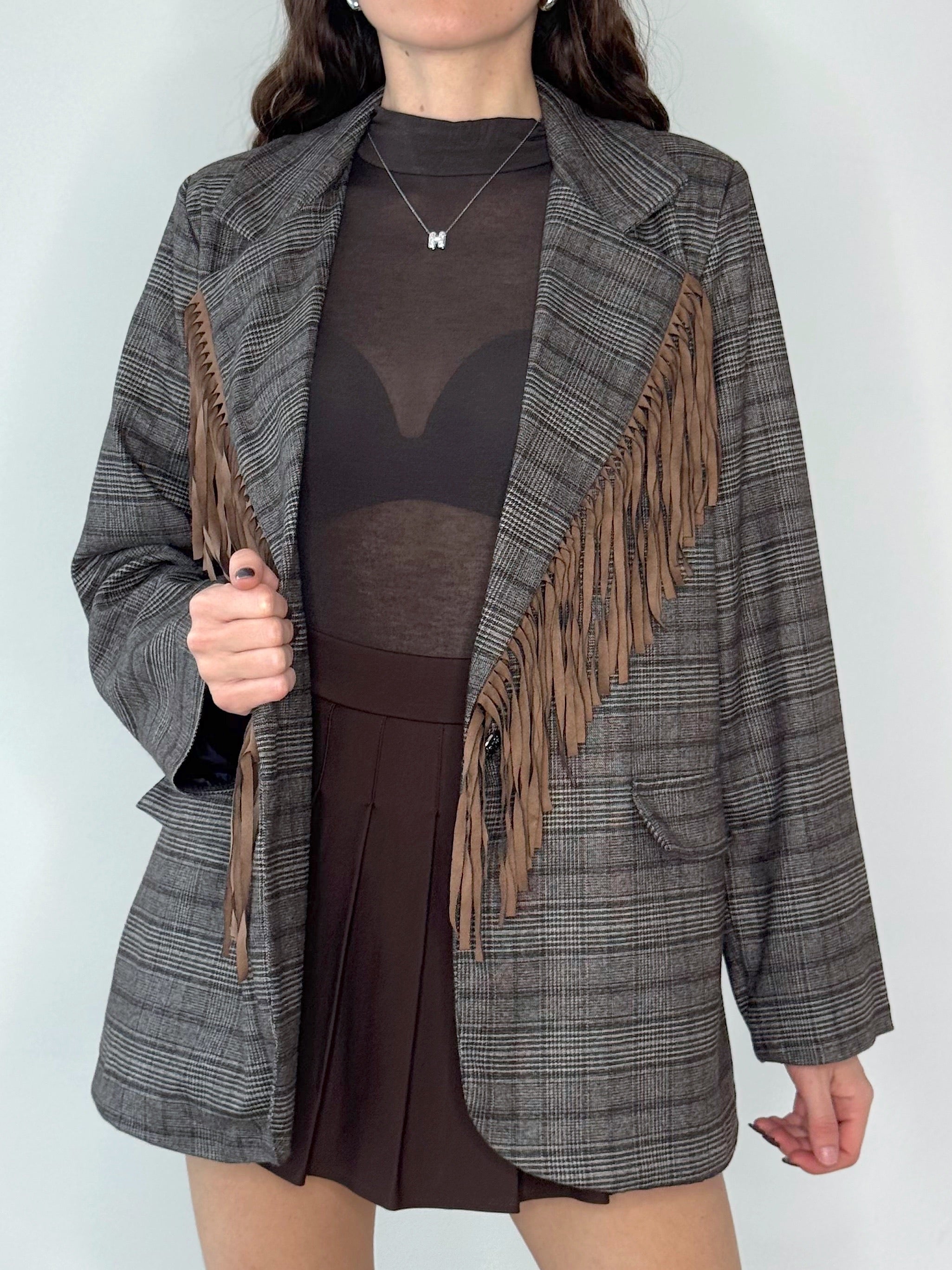 GIACCA PRINCIPE DI GALLES CON FRANGE IN ECO CAMOSCIO