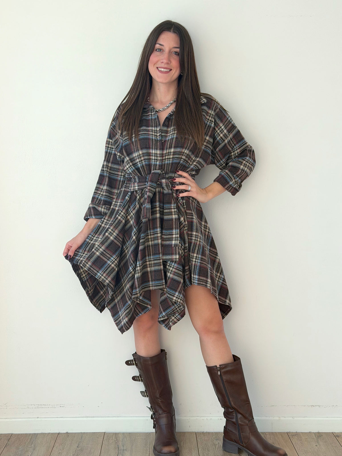 VESTITO CAMICIA IN FLANELLA CON NODO