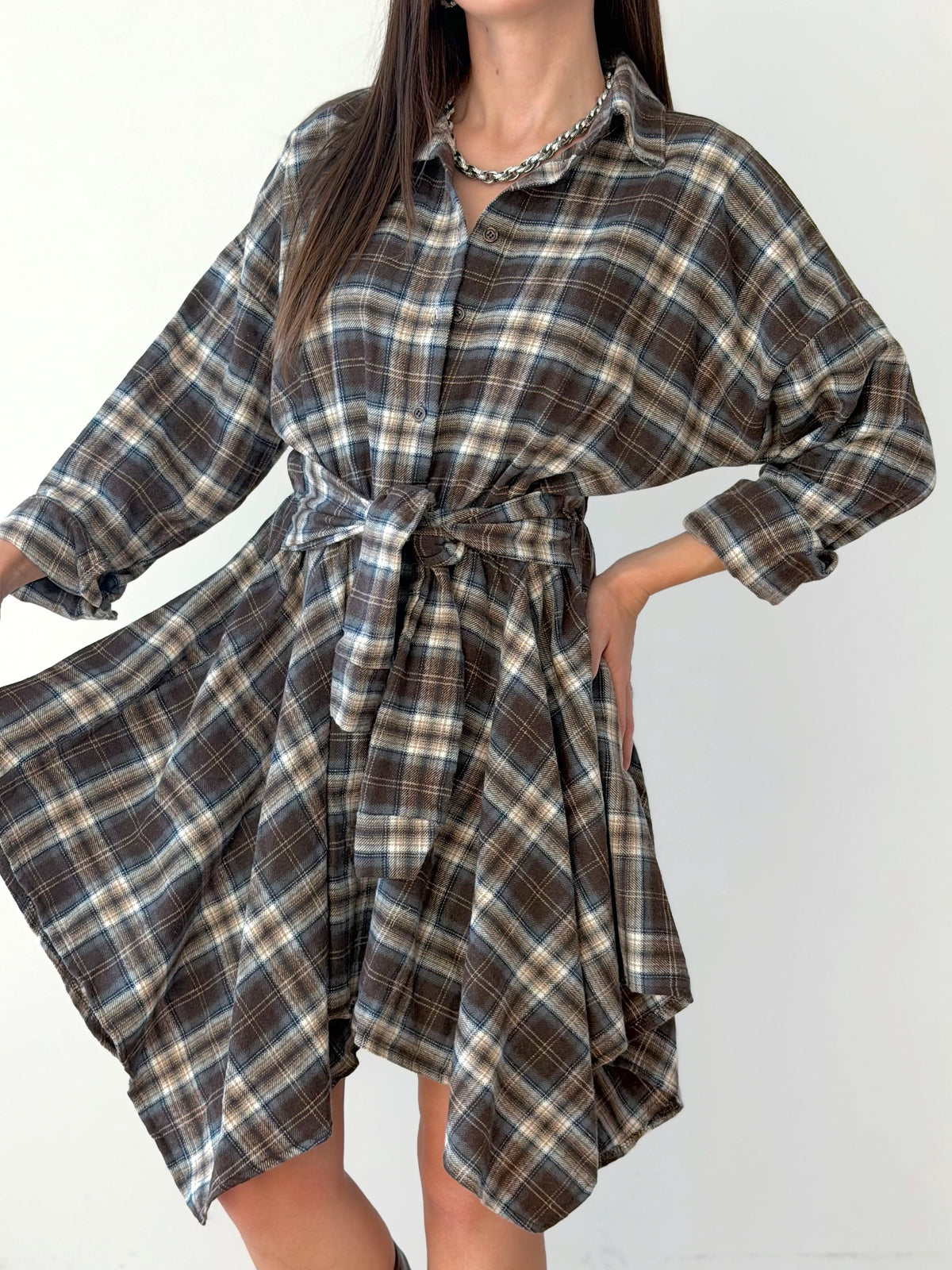 VESTITO CAMICIA IN FLANELLA CON NODO