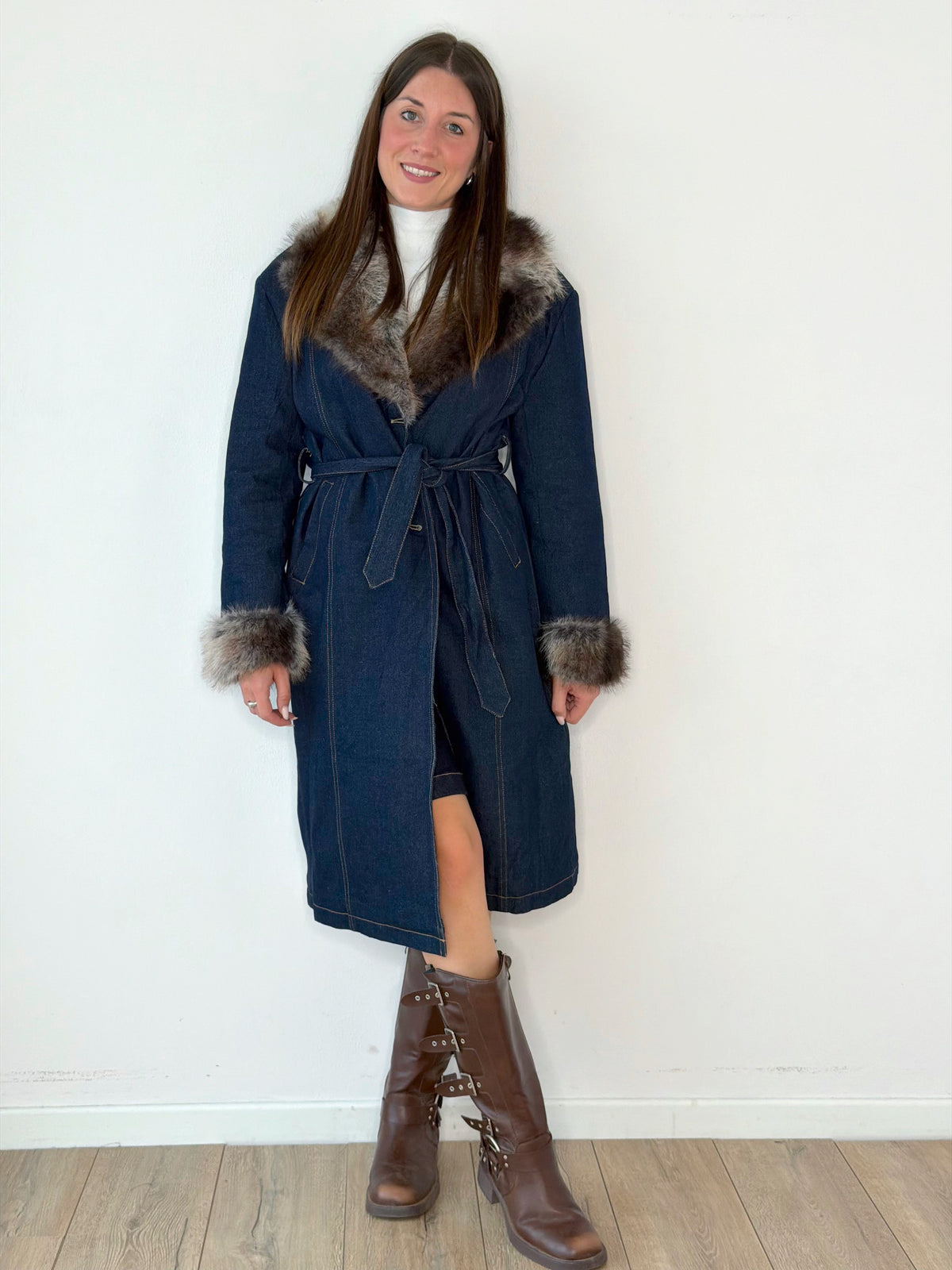 Cappotto in Denim trapuntato con dettagli in ecopelliccia
