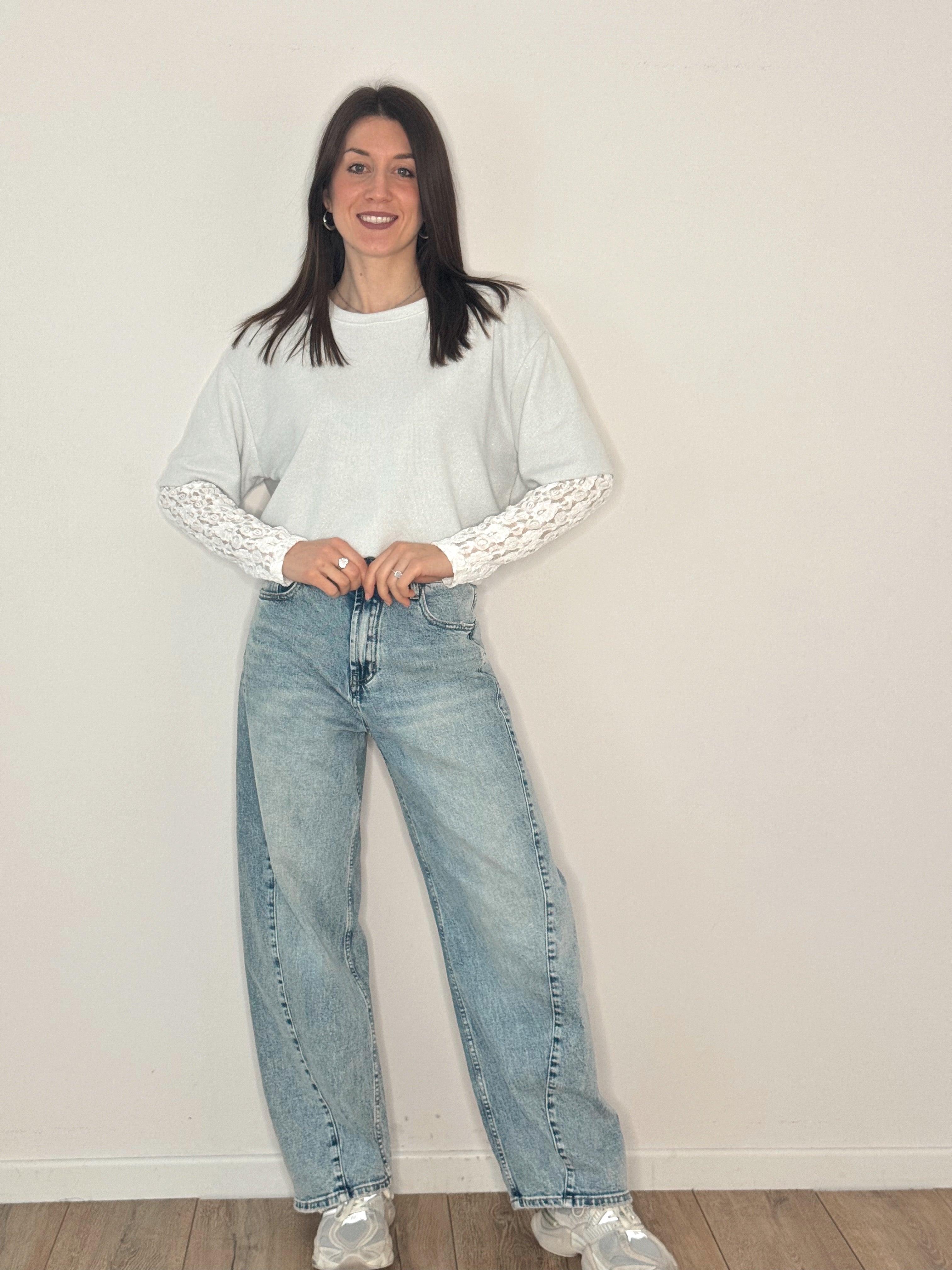 T-SHIRT LUREX CON MANICHE IN PIZZO