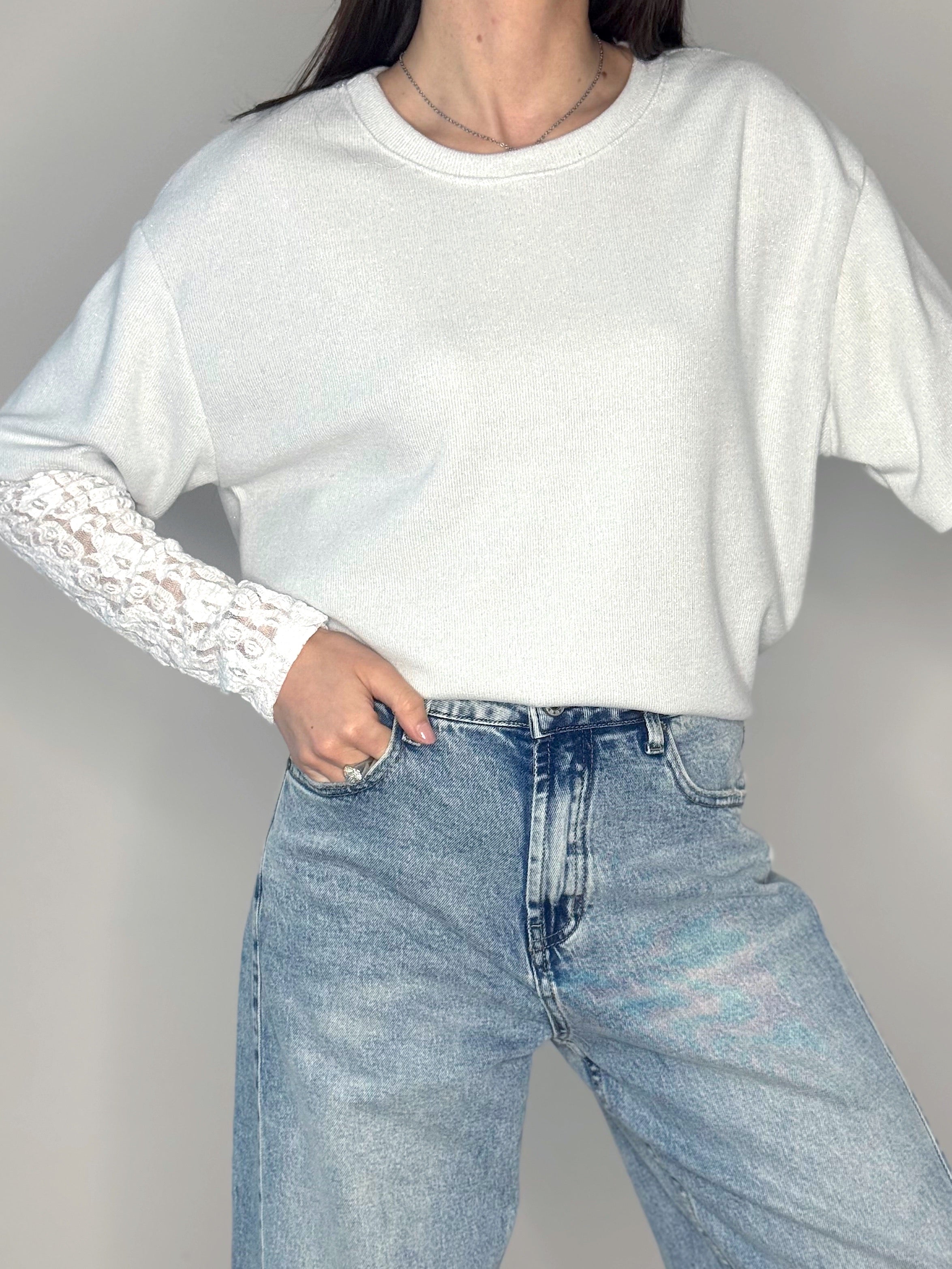 T-SHIRT LUREX CON MANICHE IN PIZZO