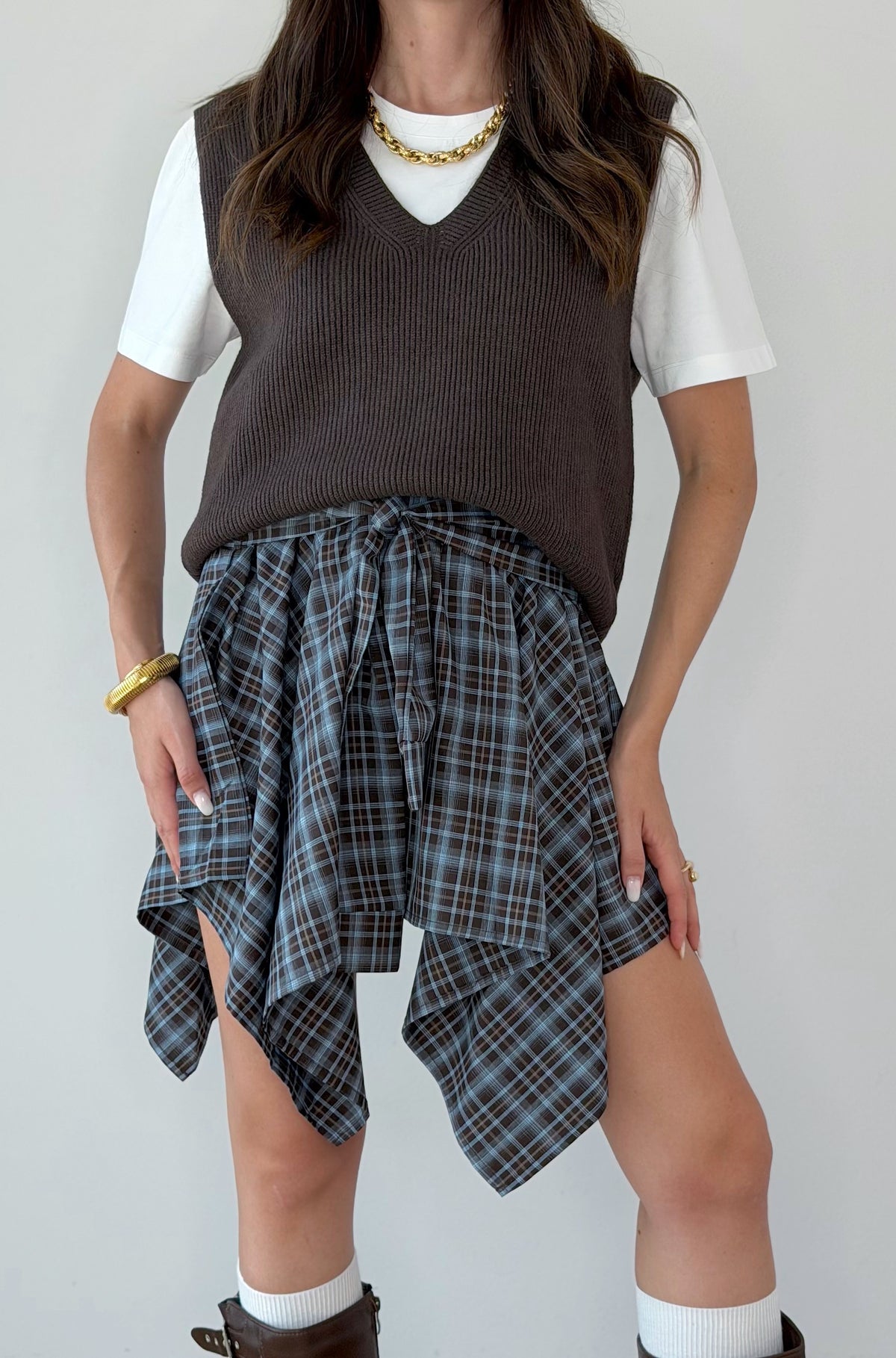 GONNA PANTALONCINO ASSIMETRICA A QUADRI CON NODO
