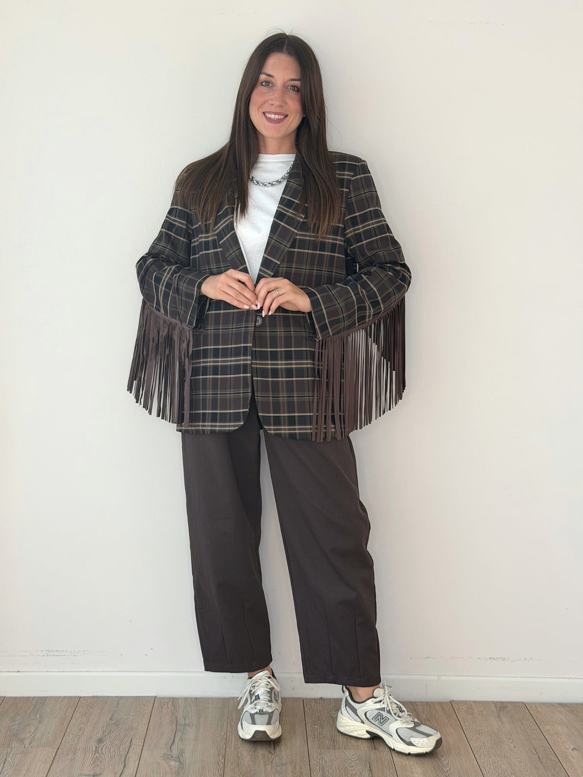 GIACCA QUADRI CON FRANGE IN ECO CAMOSCIO