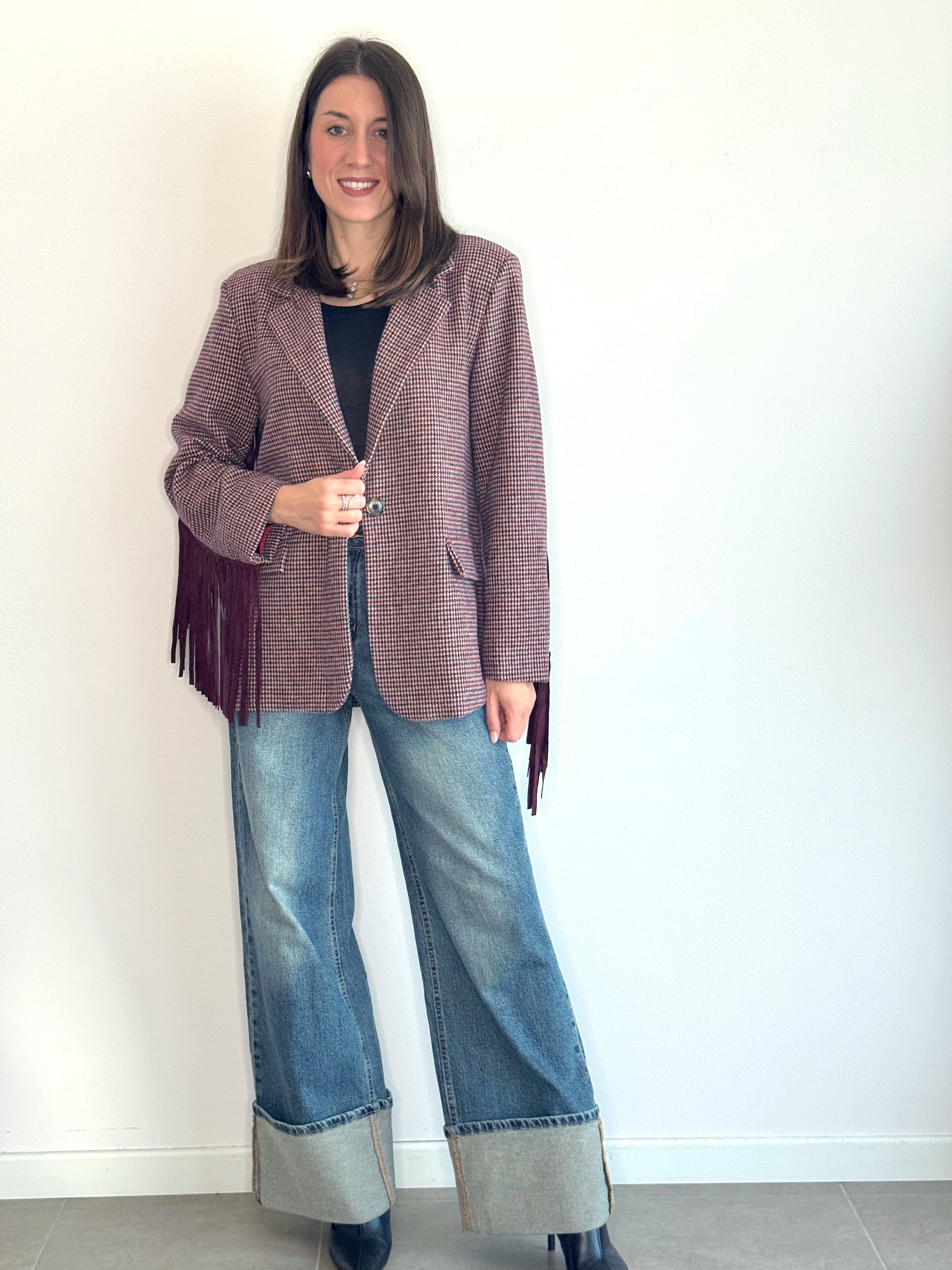 GIACCA PIED DE POULE CON FRANGE ( 15% lana )