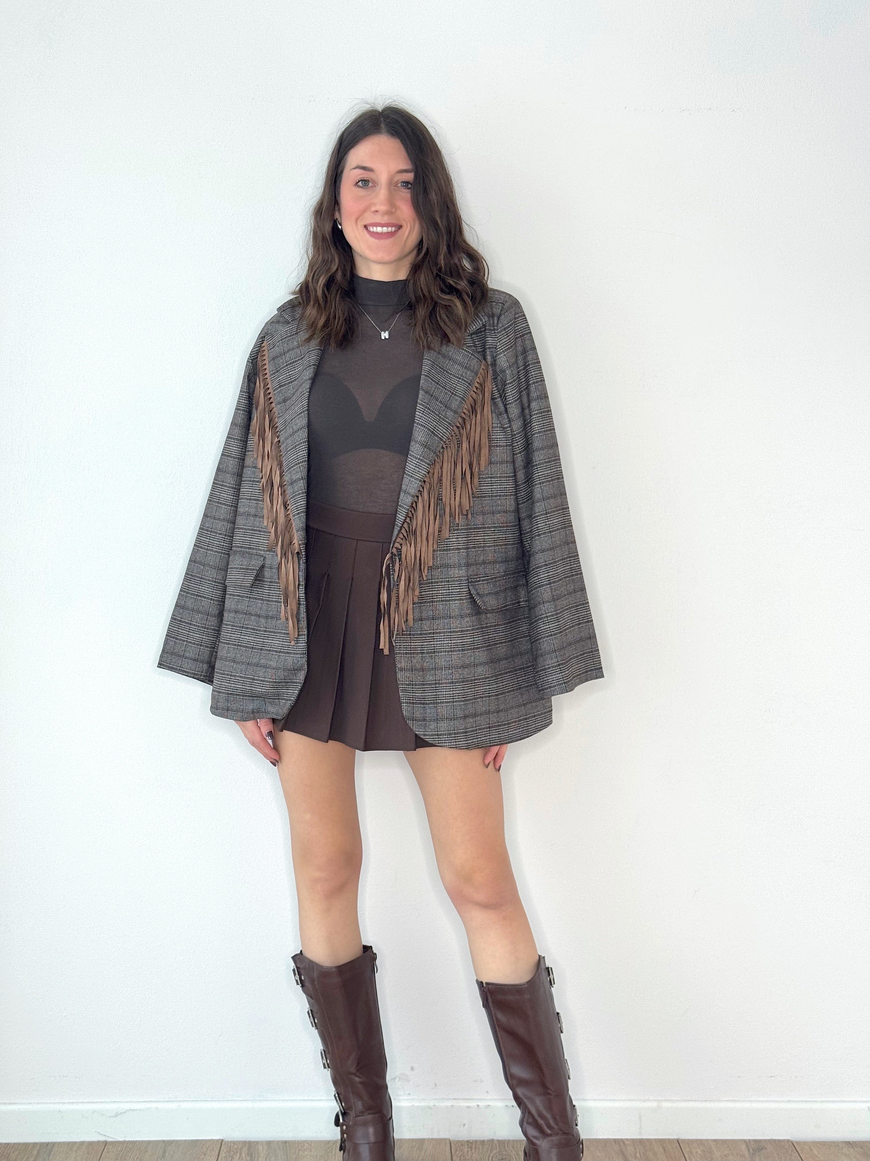 GIACCA PRINCIPE DI GALLES CON FRANGE IN ECO CAMOSCIO