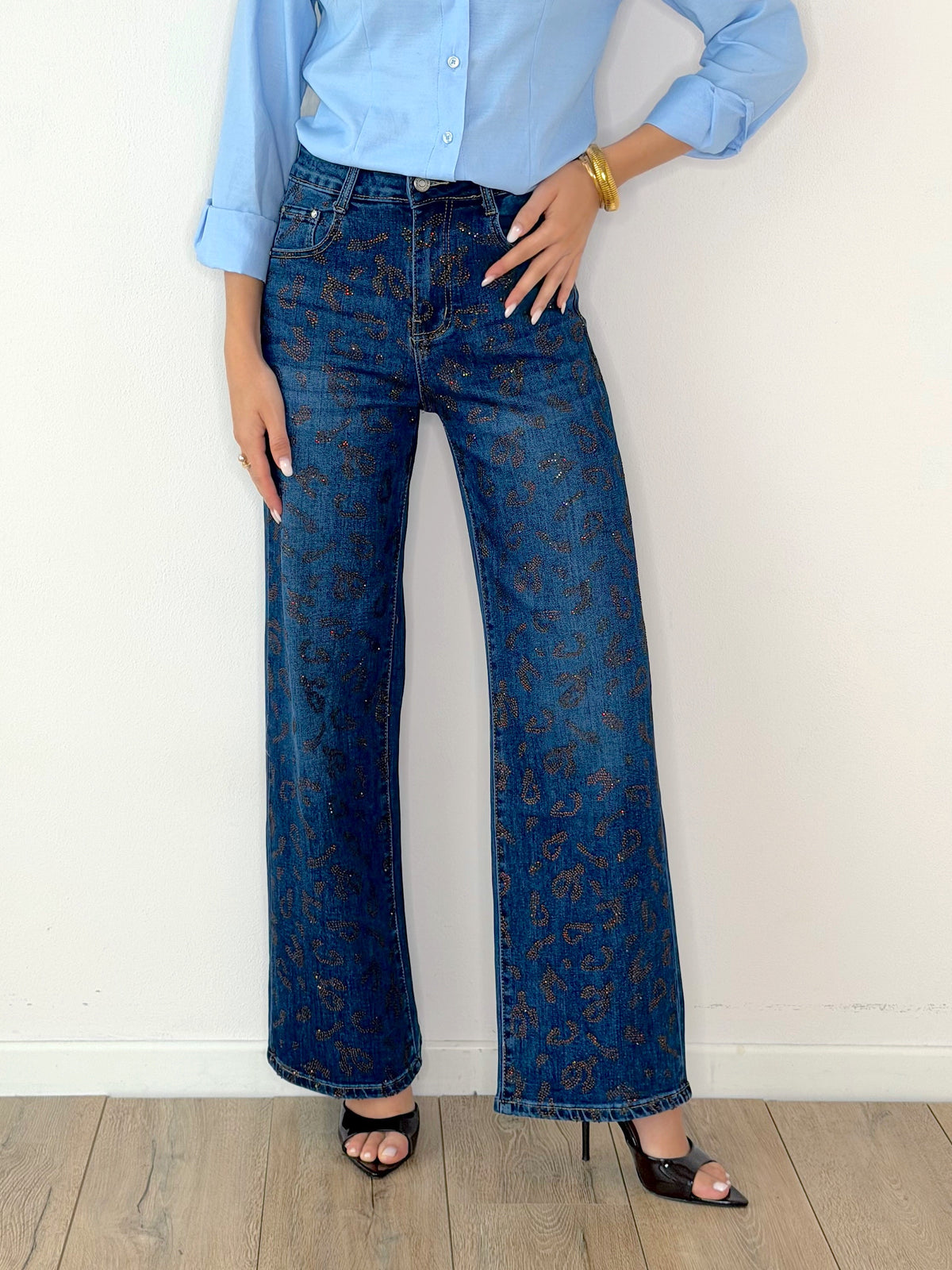 DENIM ANIMALIER STRAIGHT CON STRASS MARRONI