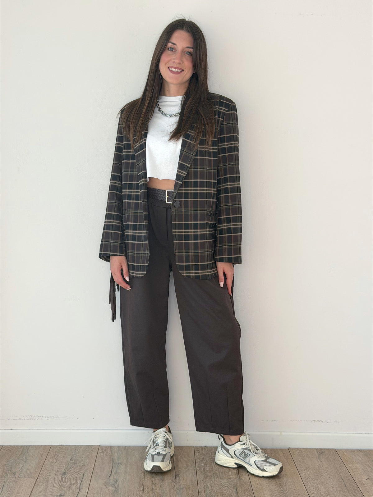 GIACCA QUADRI CON FRANGE IN ECO CAMOSCIO