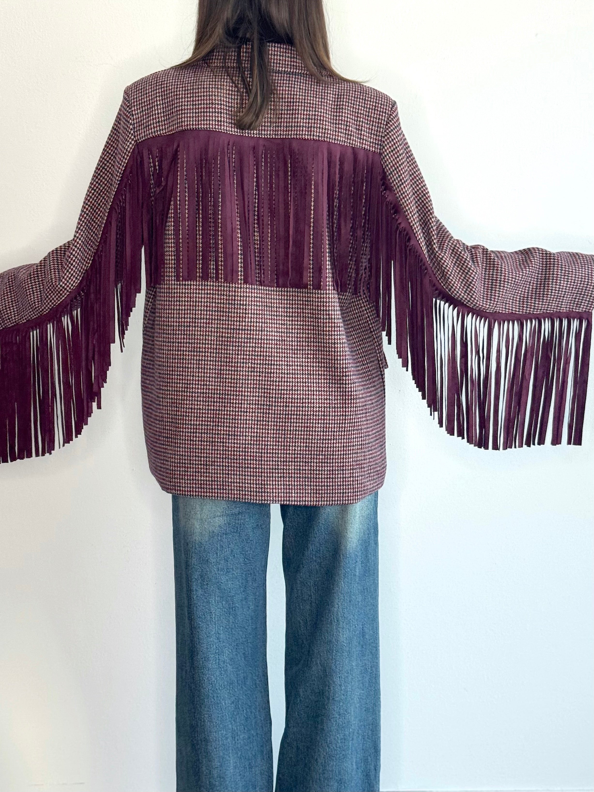 GIACCA PIED DE POULE CON FRANGE ( 15% lana )