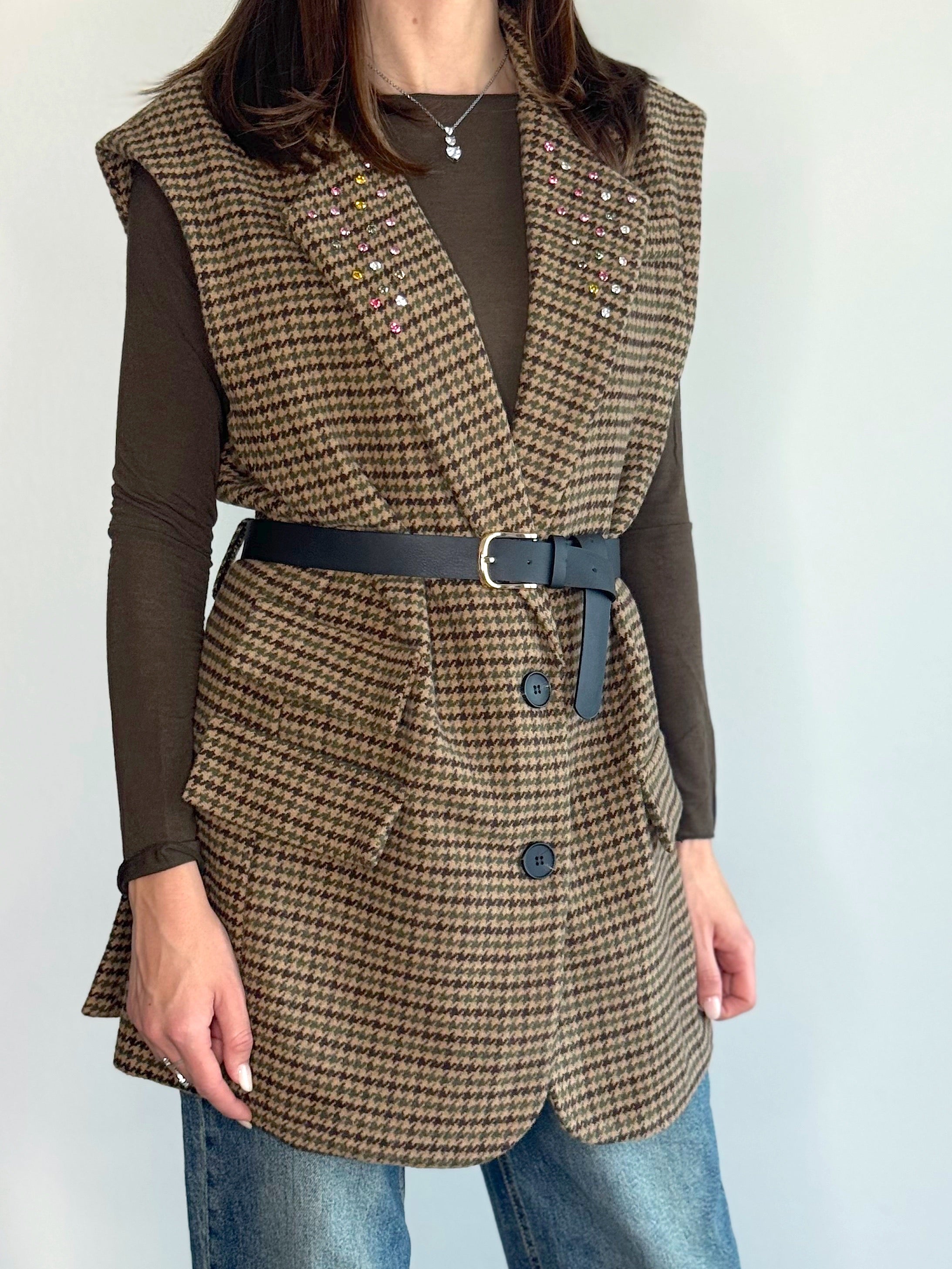 SMANICATO PIED DE POULE CON STRASS ( 15% lana )