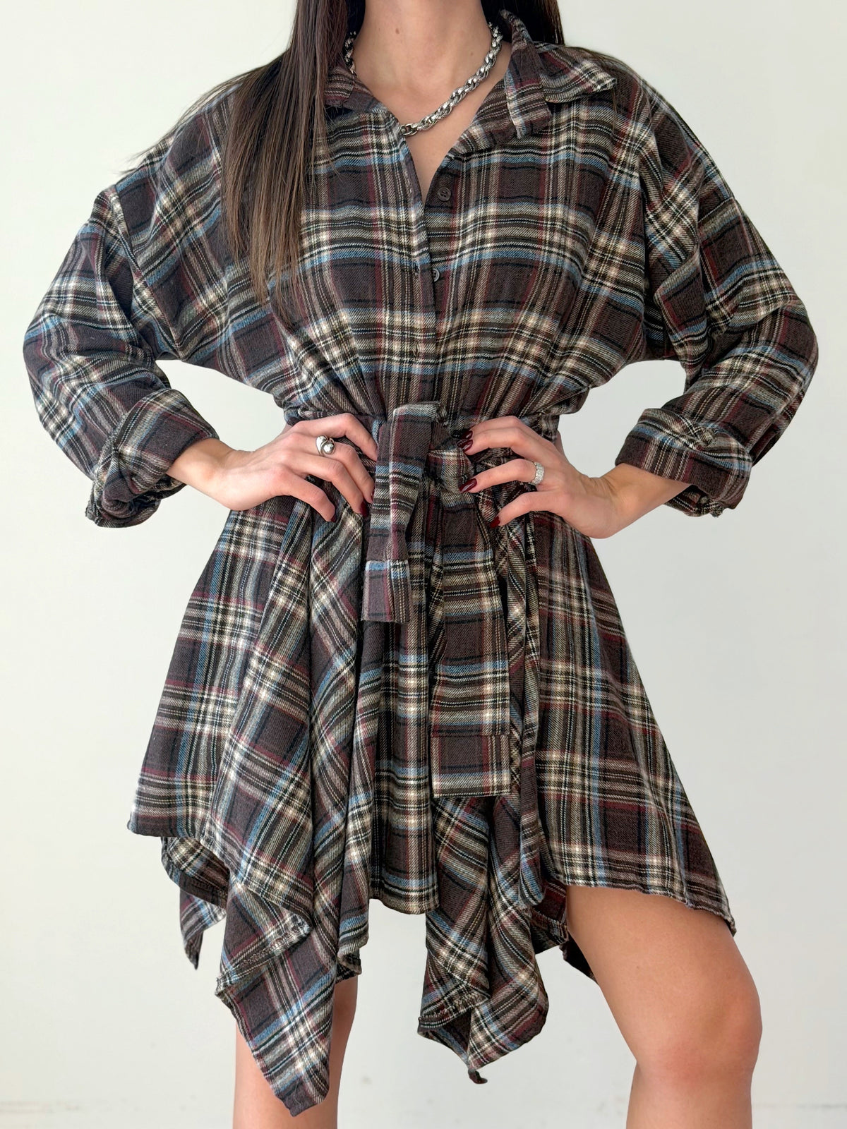 VESTITO CAMICIA IN FLANELLA CON NODO